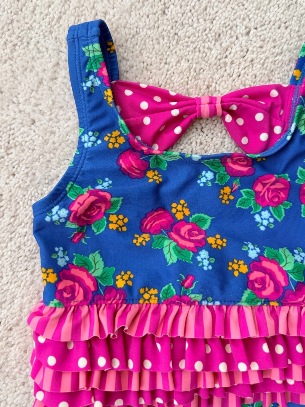 Matilda Jane Blue Floral One-Piece Swimsuit with Pink Ruffles - Picture 2 of 9